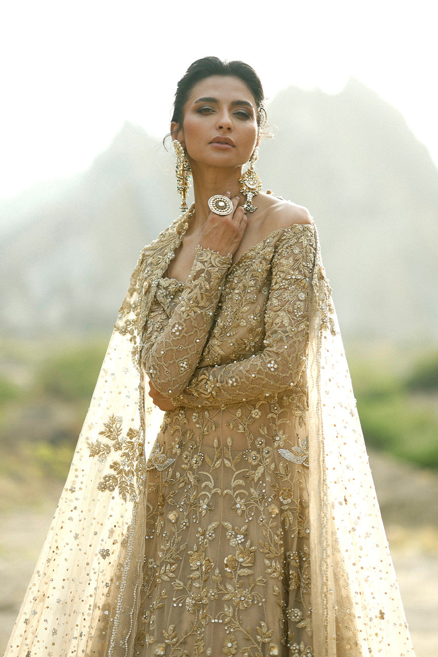 gold pakistani bridal dresses Dress in Pishwas Gown Lehenga Style – Nameera by Farooq LowStock:42501997592627