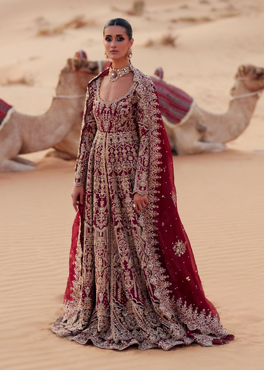 Pakistani Bridal Dress in Pishwas and Red Lehenga Style