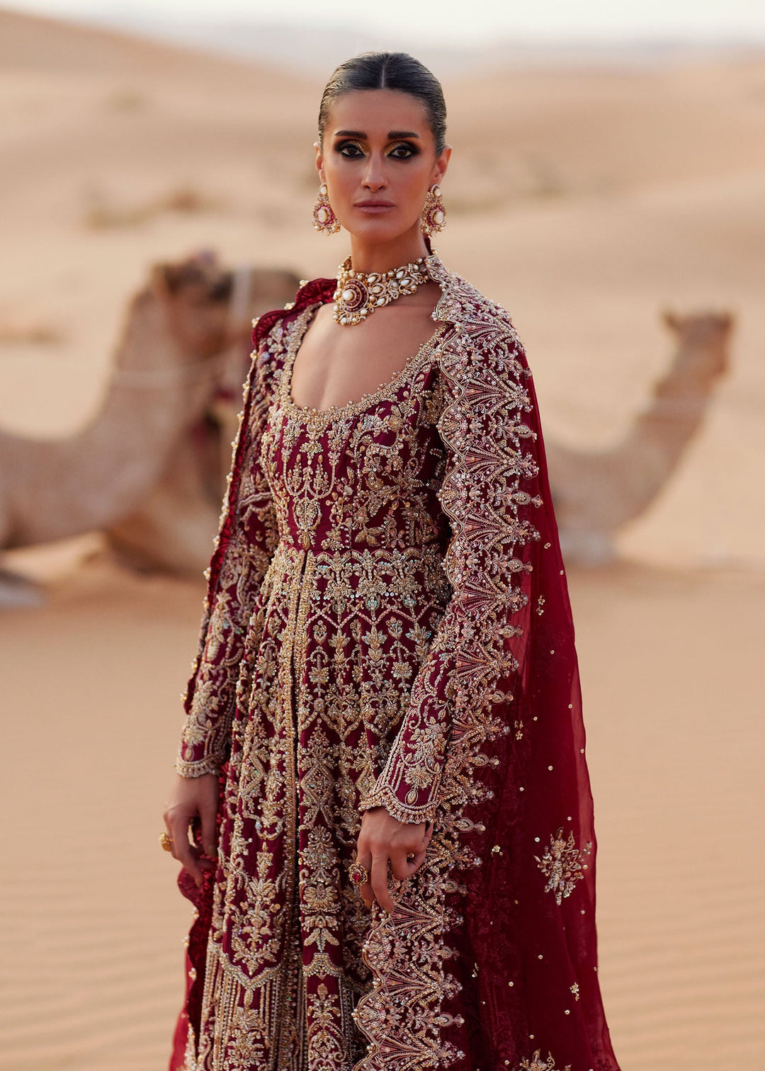 Pakistani Bridal Dress in Pishwas and Red Lehenga Style Online