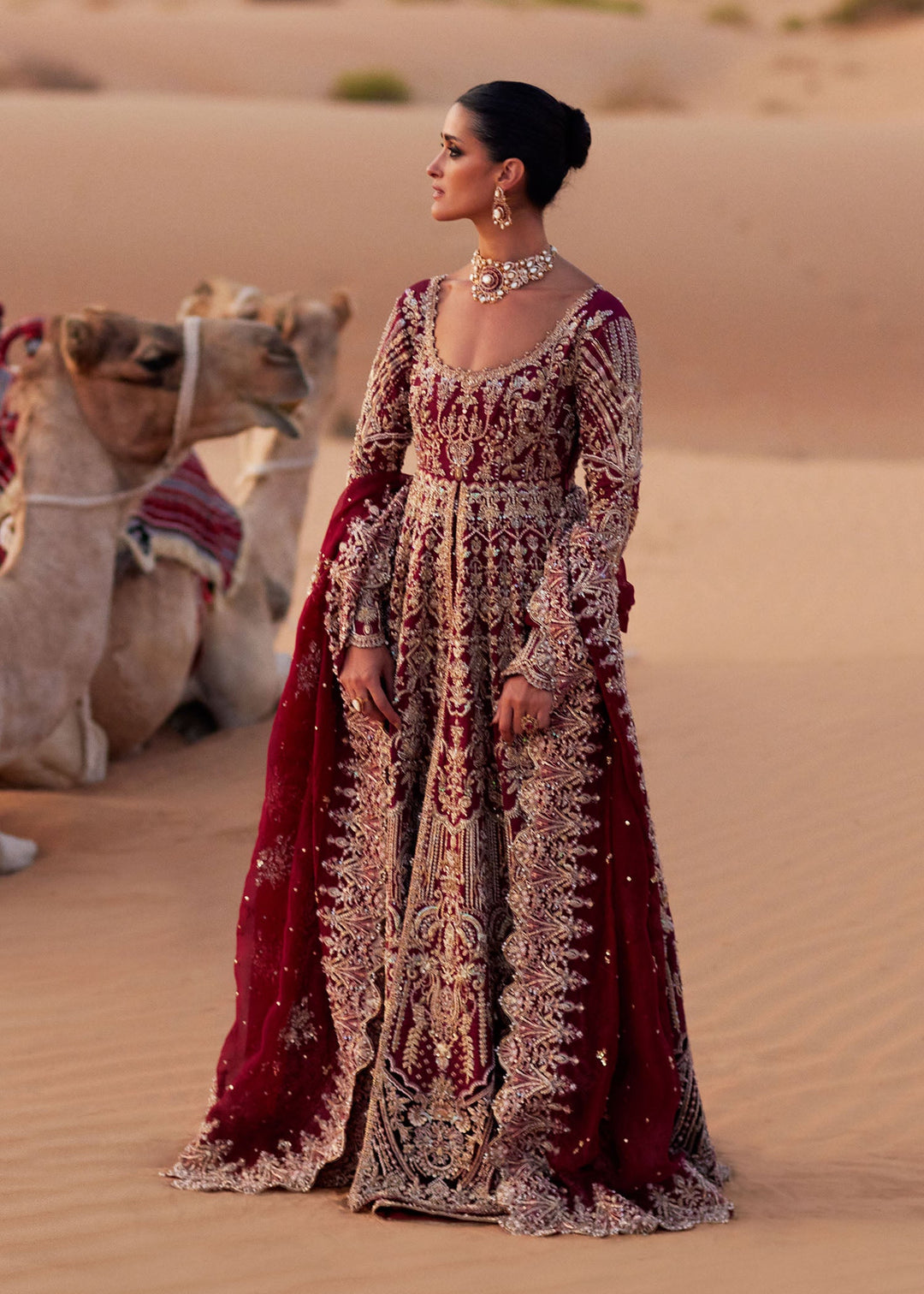 Pakistani Bridal Dress in Pishwas and Red Wedding Lehenga Style