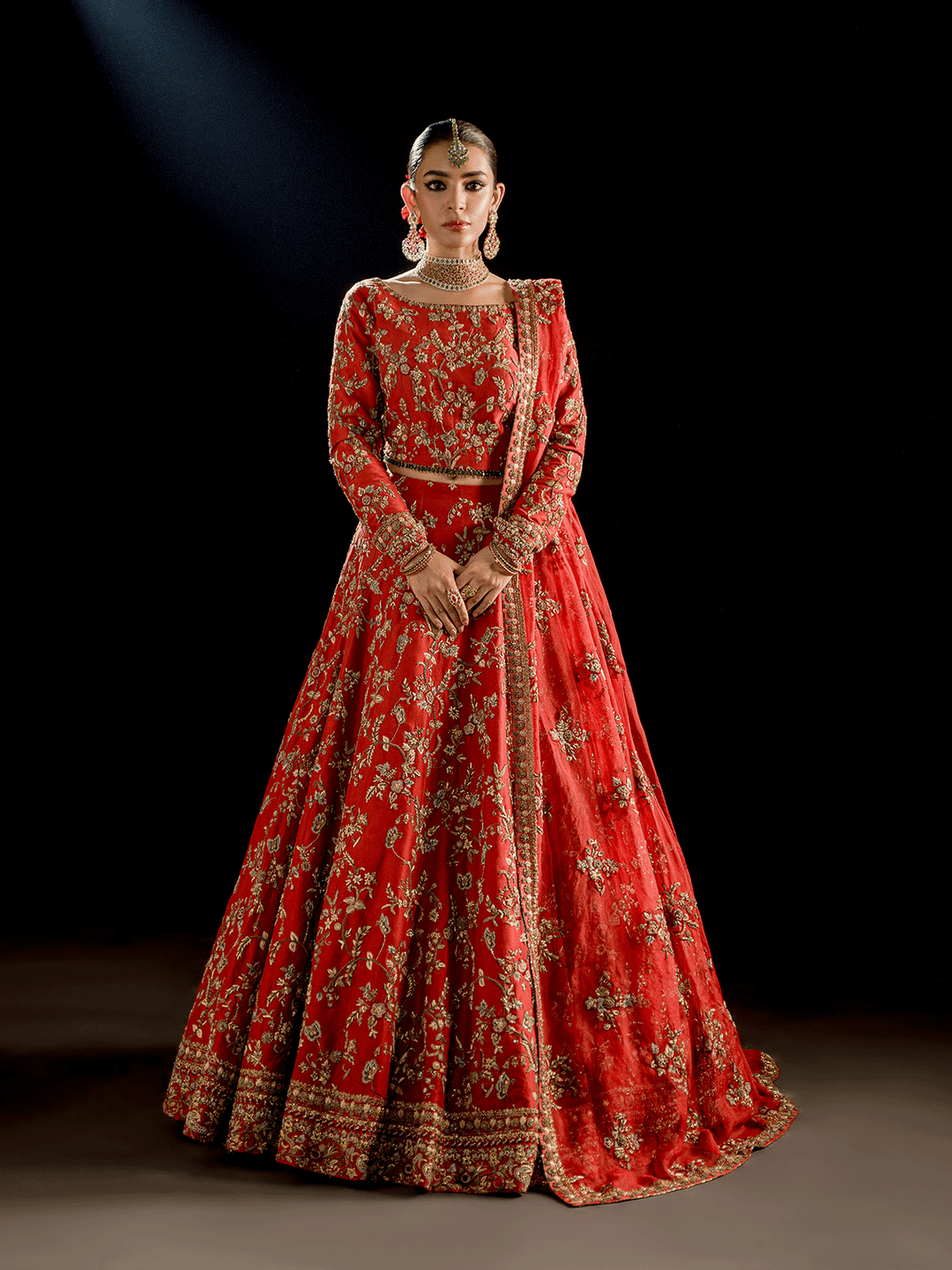 Pakistani Bridal Dress in Red Choli and Lehenga Style