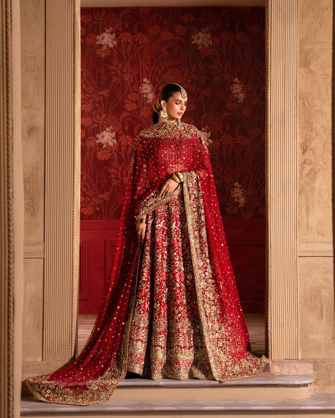 Pakistani Bridal Dress in Red Choli and Lehenga Style