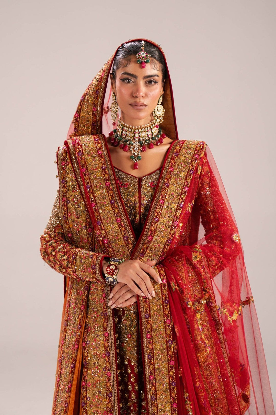 Pakistani Bridal Dress in Red Gharara and Kameez Style Online