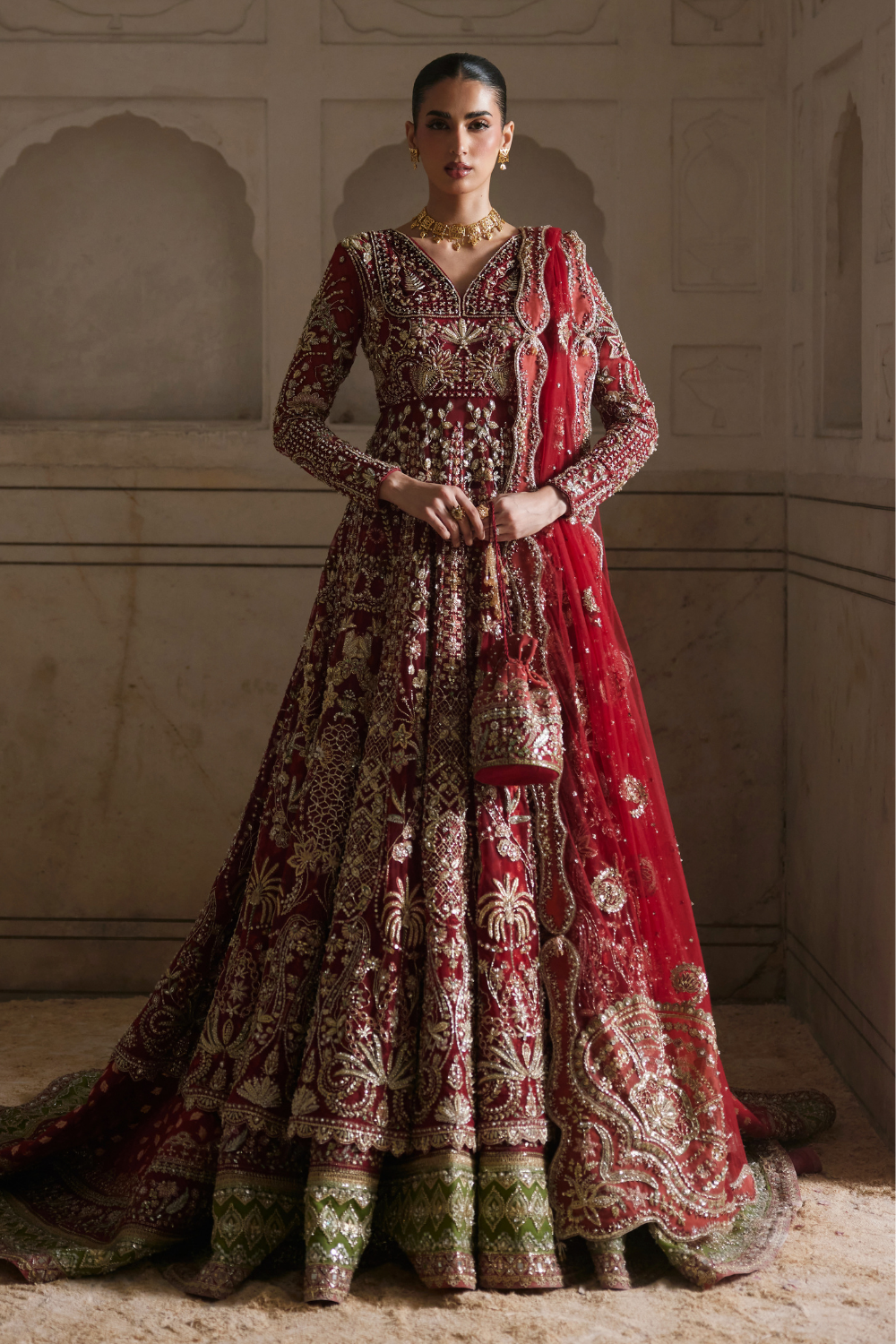 Pakistani Bridal Dress in Red Gown and Lehenga Style