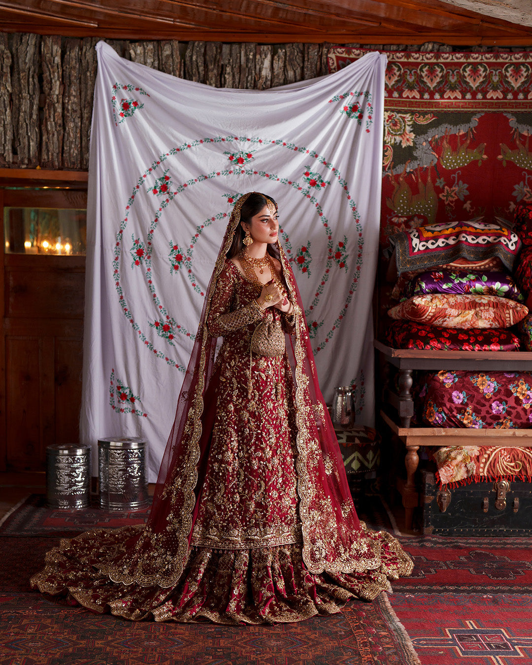 Pakistani Bridal Dress in Red Lehenga Kameez Style