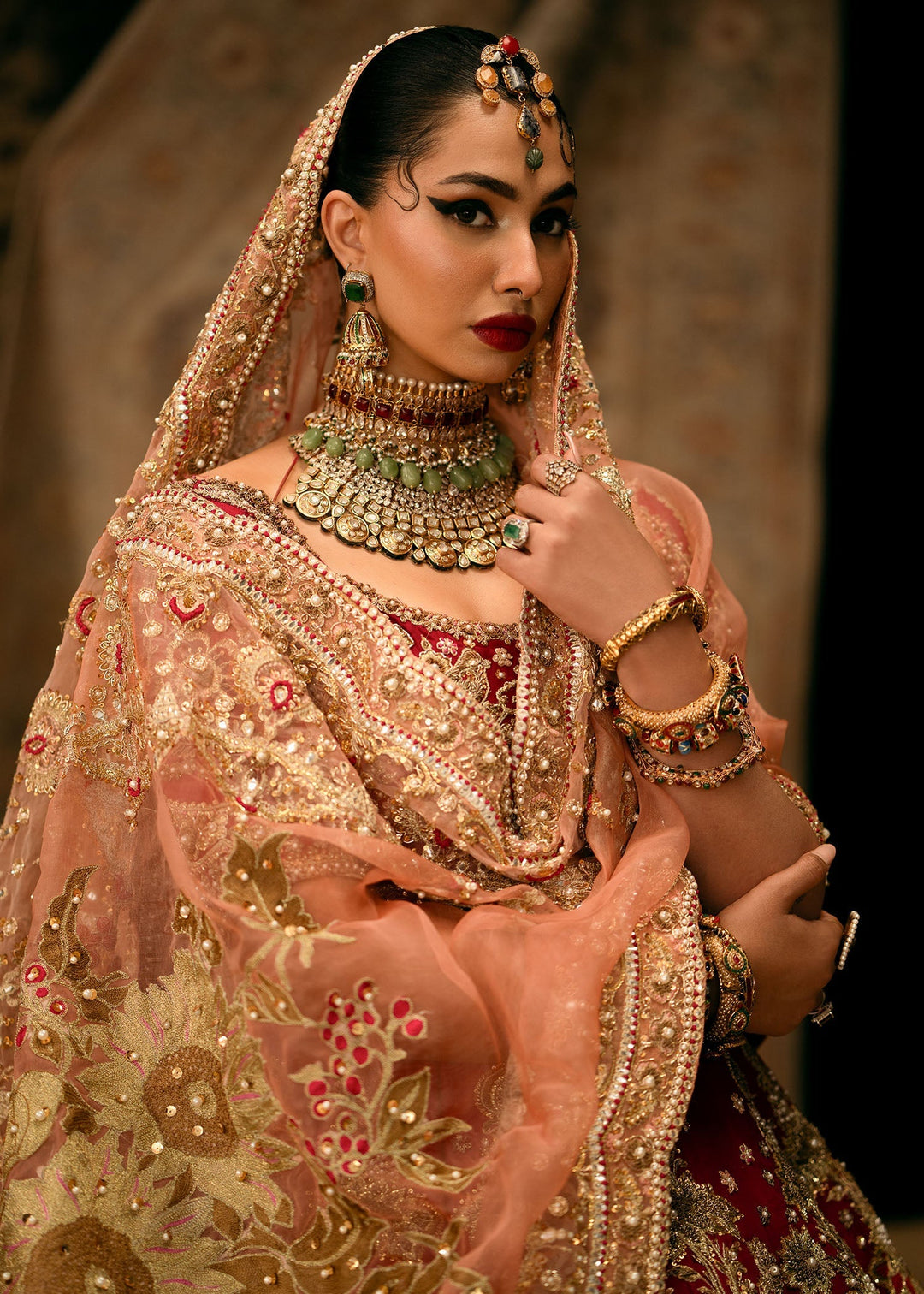 Red Pishwas Style Pakistani Bridal Lehenga for Weddings