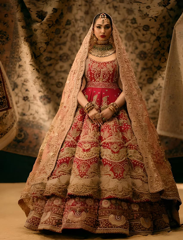 Pakistani Bridal Dress in Red Lehenga Pishwas Style