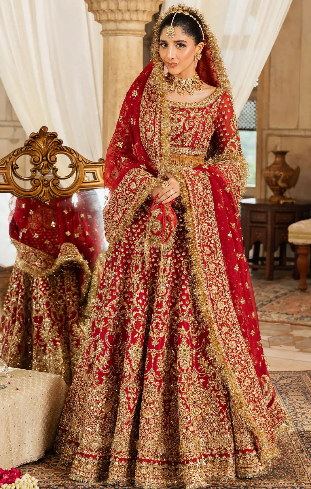 Pakistani Bridal Dress in Red Lehenga and Choli Style