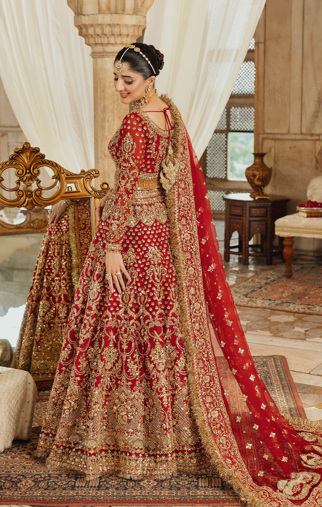 Pakistani Bridal Dress in Red Lehenga and Choli Style Online