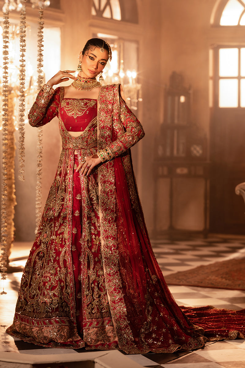 Pakistani Bridal Dress in Red Lehenga and Gown Style