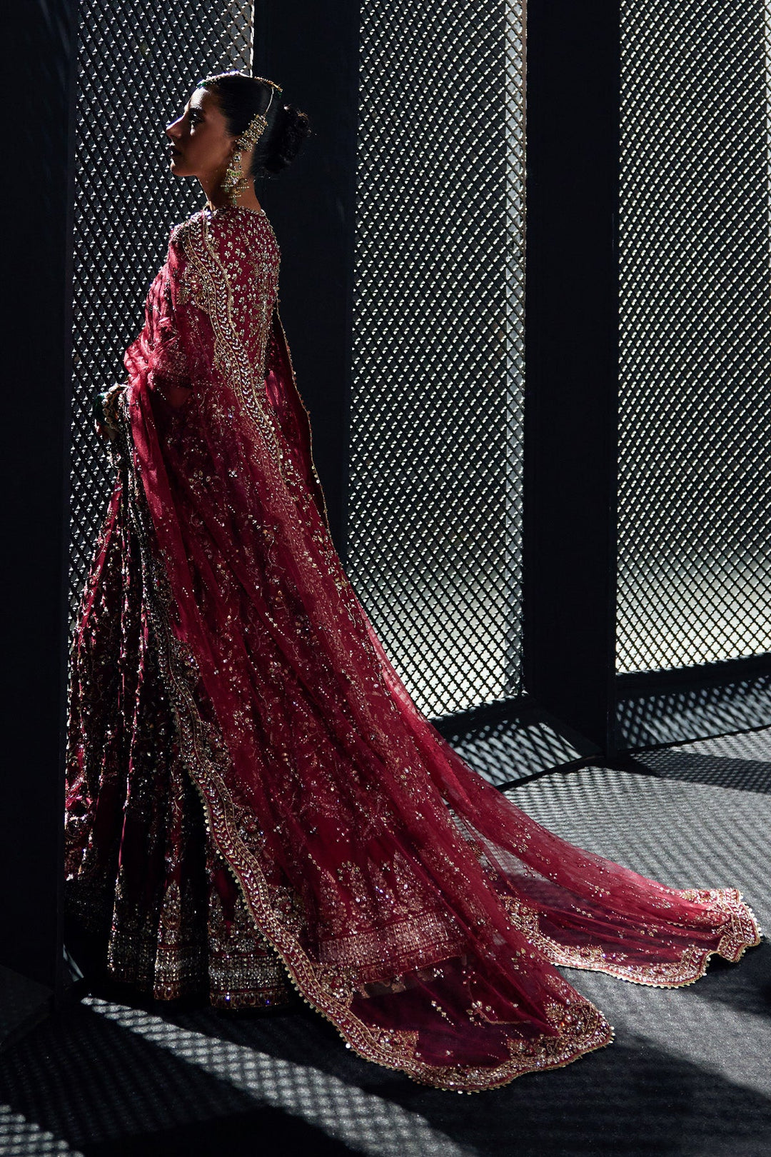 Pakistani Bridal Dress in Crimson Red Pishwas Style