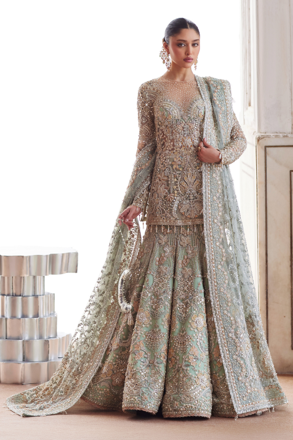 Pakistani Bridal Dress in Short Shirt and Lehenga Style