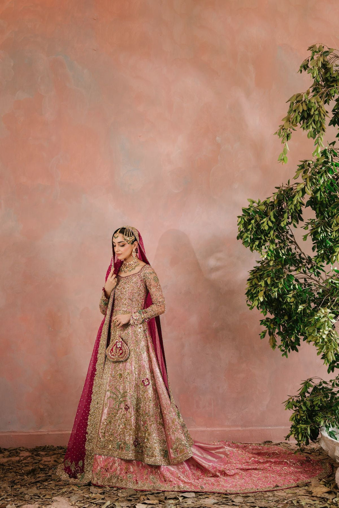 Pakistani Bridal Dress in Tea Pink Lehenga Gown Style Online