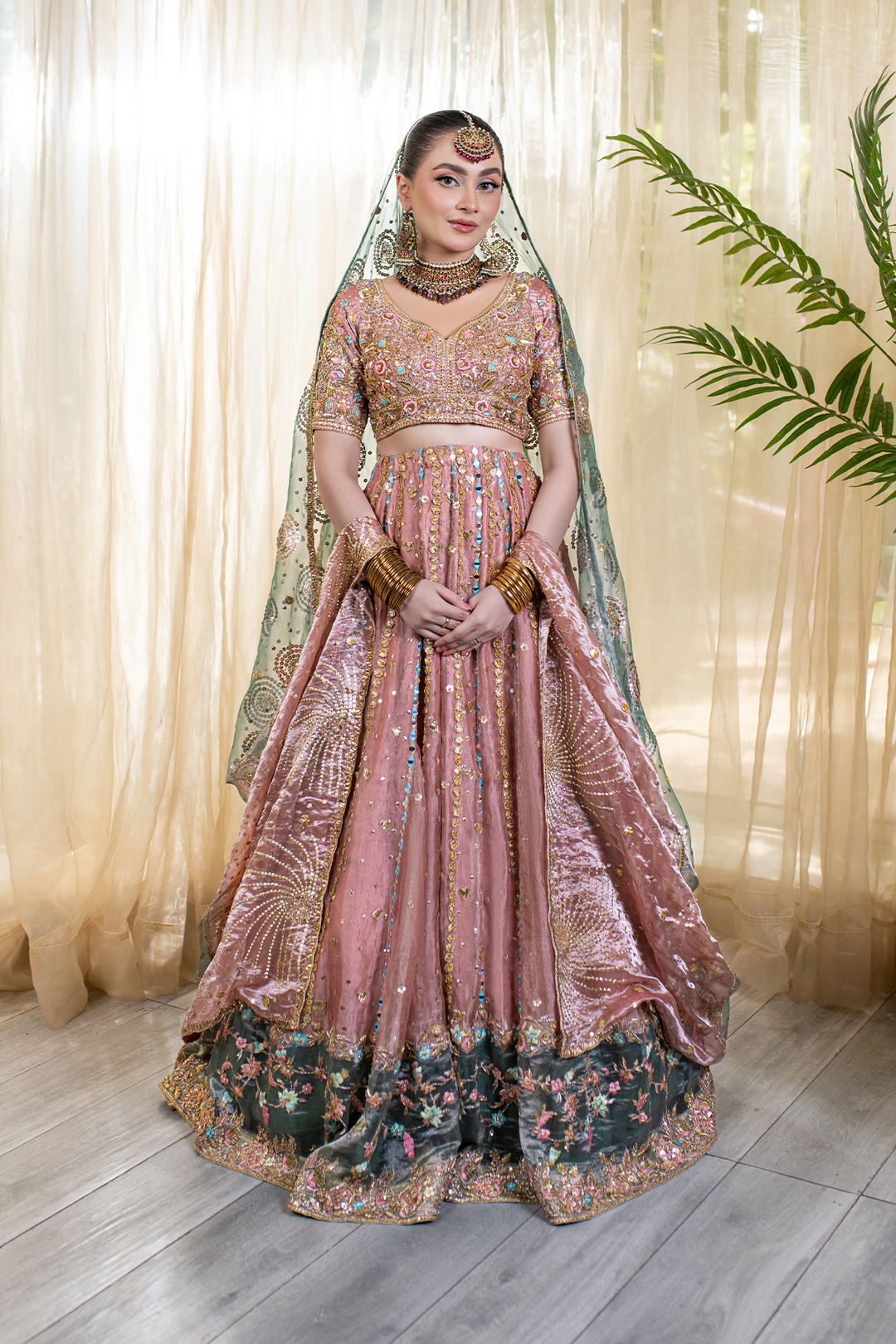 Pakistani Bridal Dress in Tissue Choli Lehenga Style