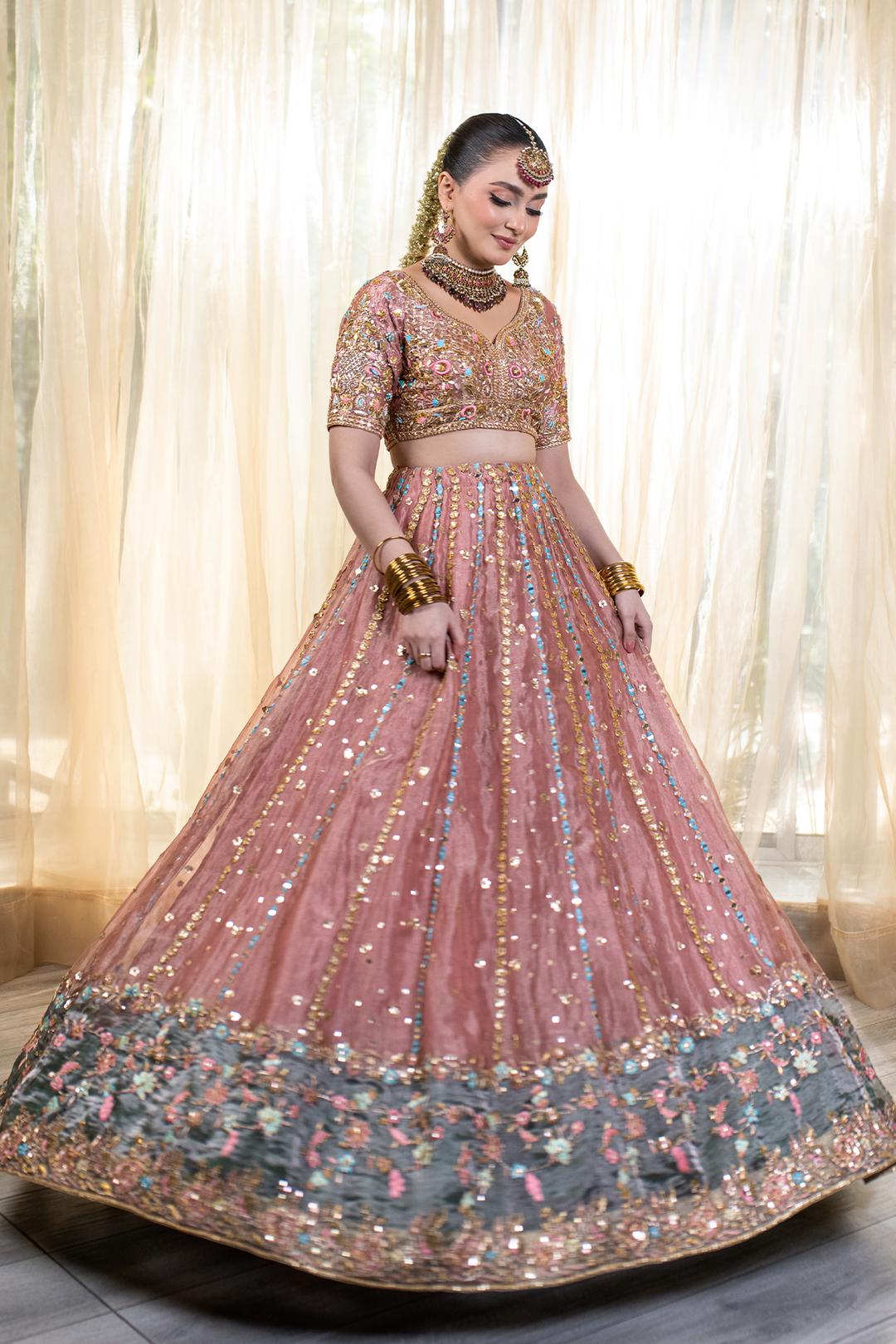 Pakistani Bridal Dress in Tissue Choli Lehenga Style