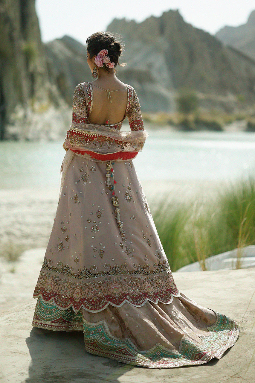 Pakistani Bridal Dress in Tissue Pishwas Lehenga Style Online
