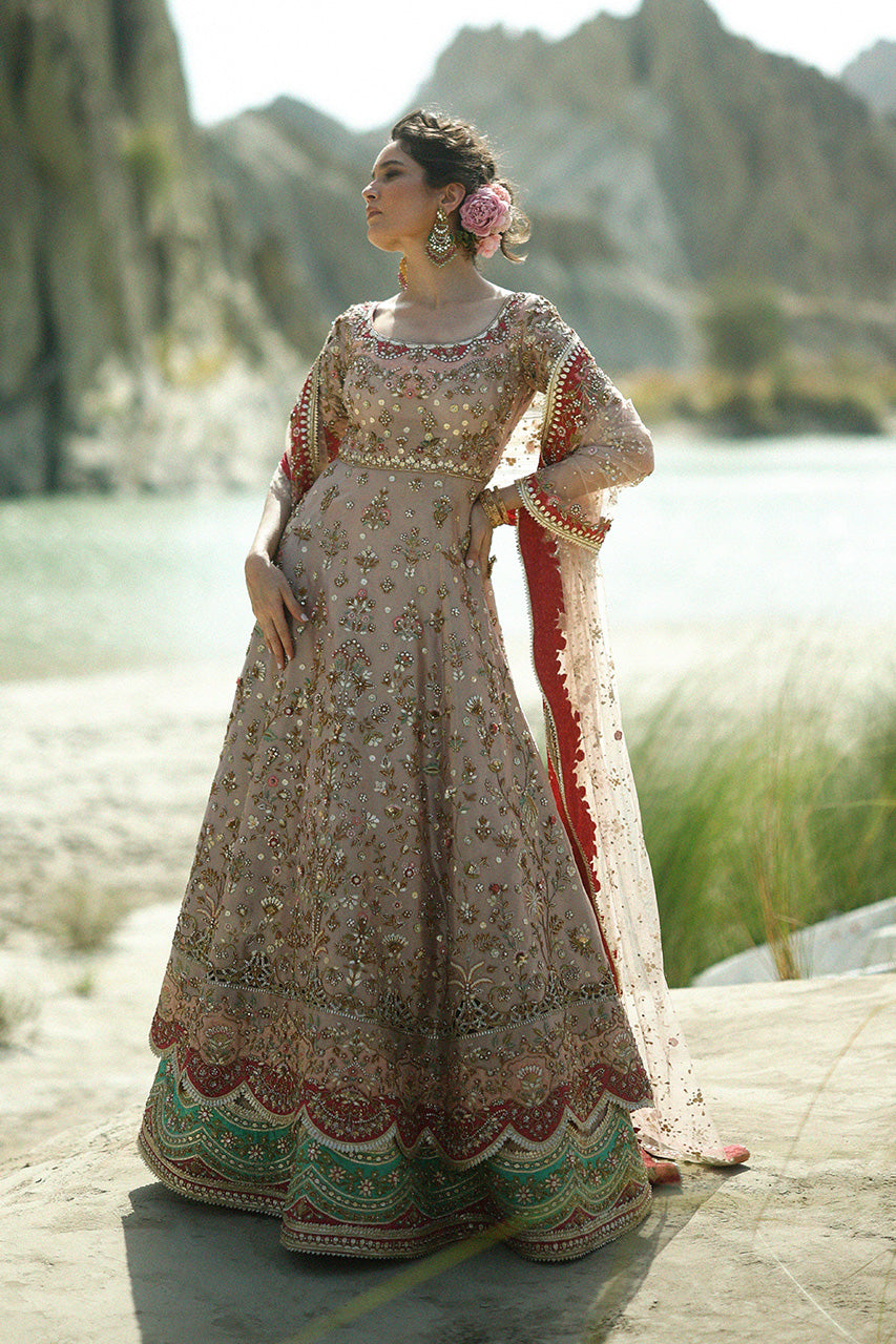 Pakistani Bridal Dress in Tissue Pishwas Lehenga Style