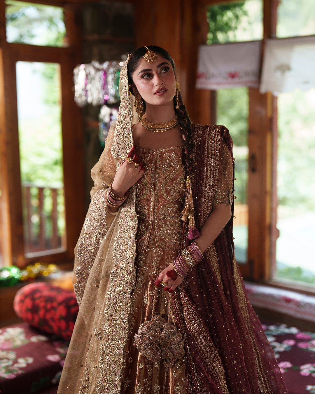 Pakistani Bridal Dress in Tissue Shirt Lehenga Style Online