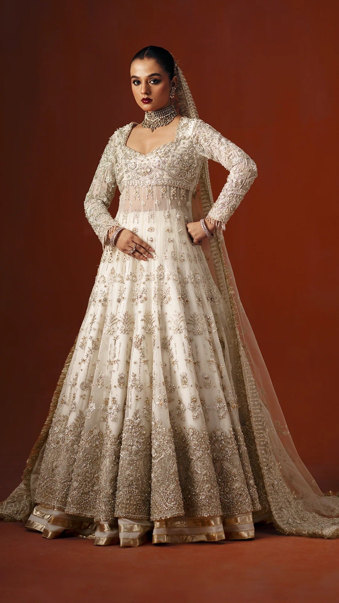 Pakistani Bridal Dress in White Lehenga Gown Style Online