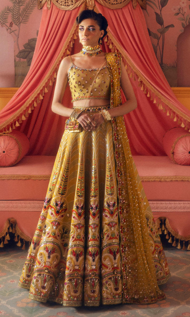 Pakistani Bridal Mehndi Dress in Lehenga Choli Style