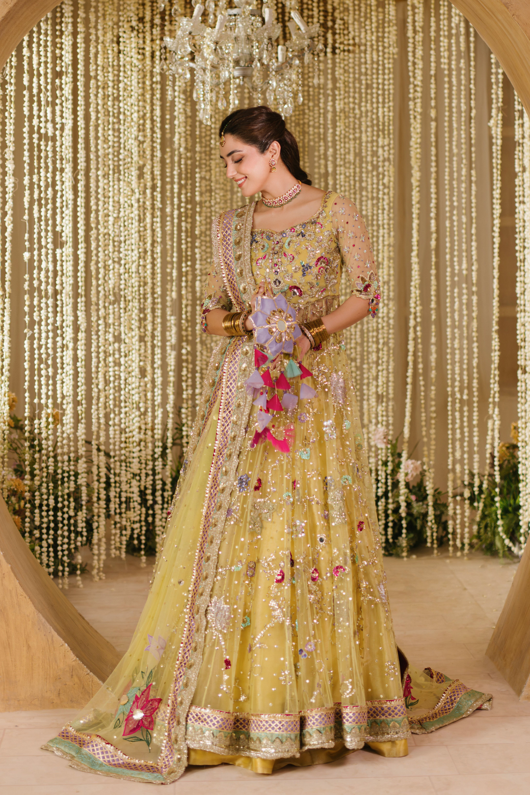 Pakistani Bridal Mehndi Dress in Yellow Gown Style