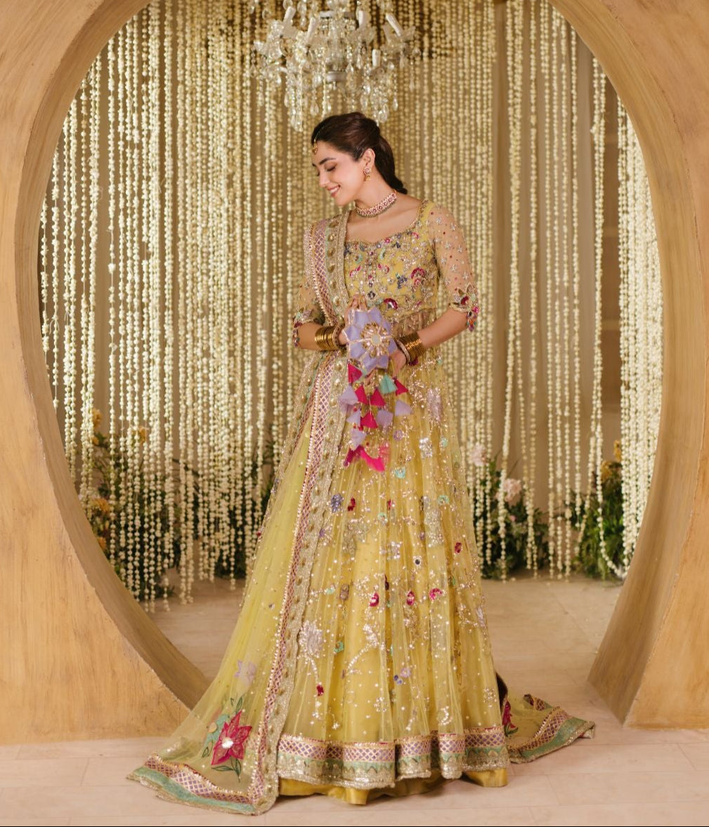 Pakistani Bridal Mehndi Dress in Yellow Gown Style Online