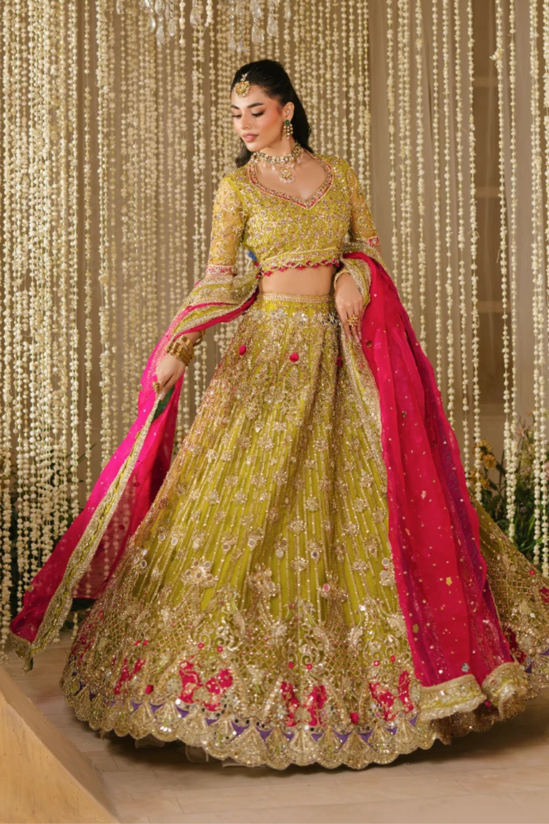 Pakistani Bridal Mehndi Outfit in Choli Lehenga Style