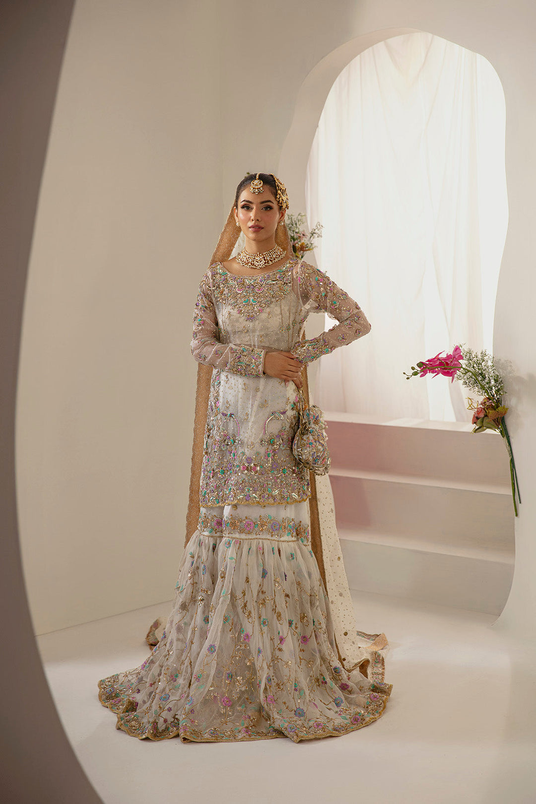 Pakistani Bridal Nikkah Dress in Gharara Shirt Style