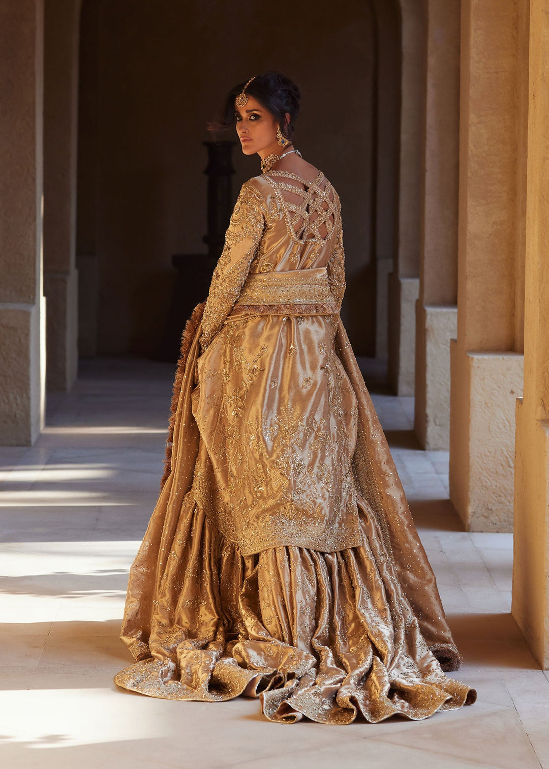 Pakistani Bridal Outfit in Gold Lehenga Kameez Style