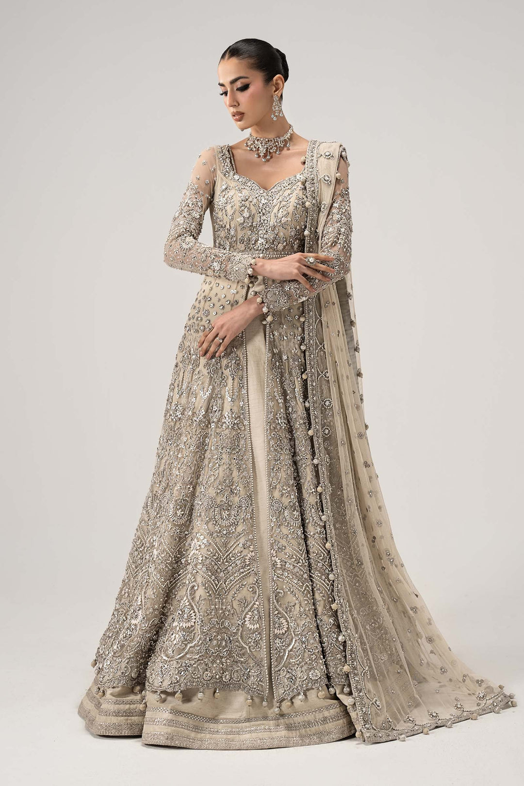 Pakistani Bridal Outfit in Ivory Net Open Gown Style