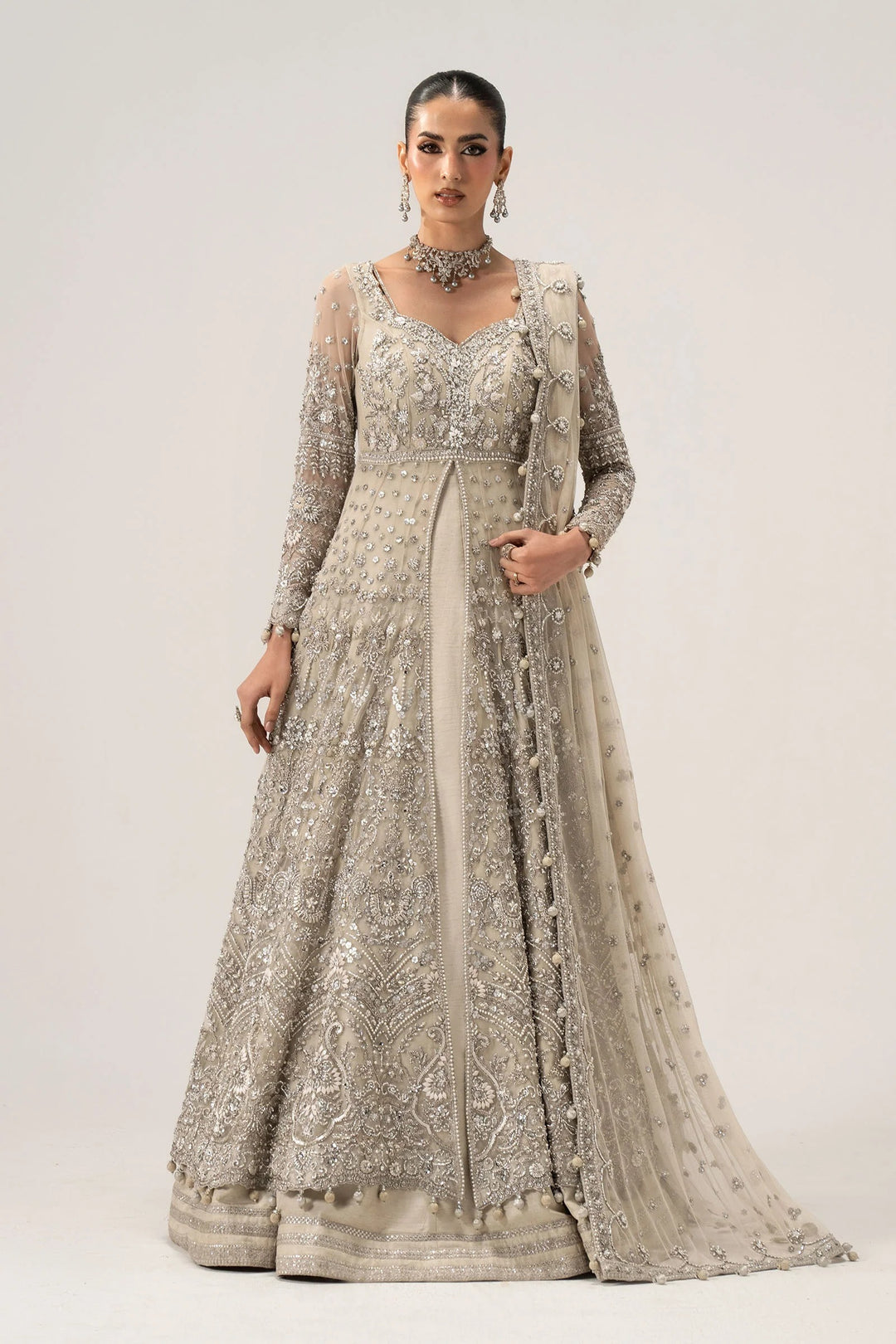 Pakistani Bridal Outfit in Ivory Net Open Gown Style Online