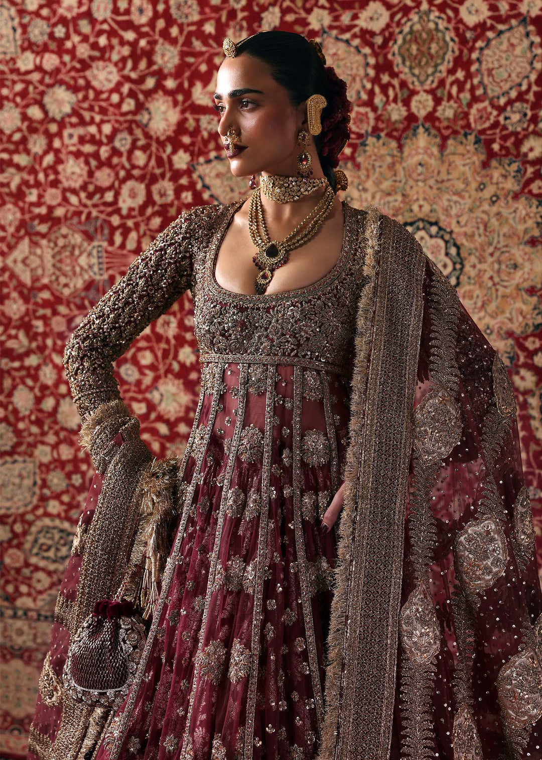 Pakistani Bridal Outfit in Maroon Pishwas Lehenga Style Online