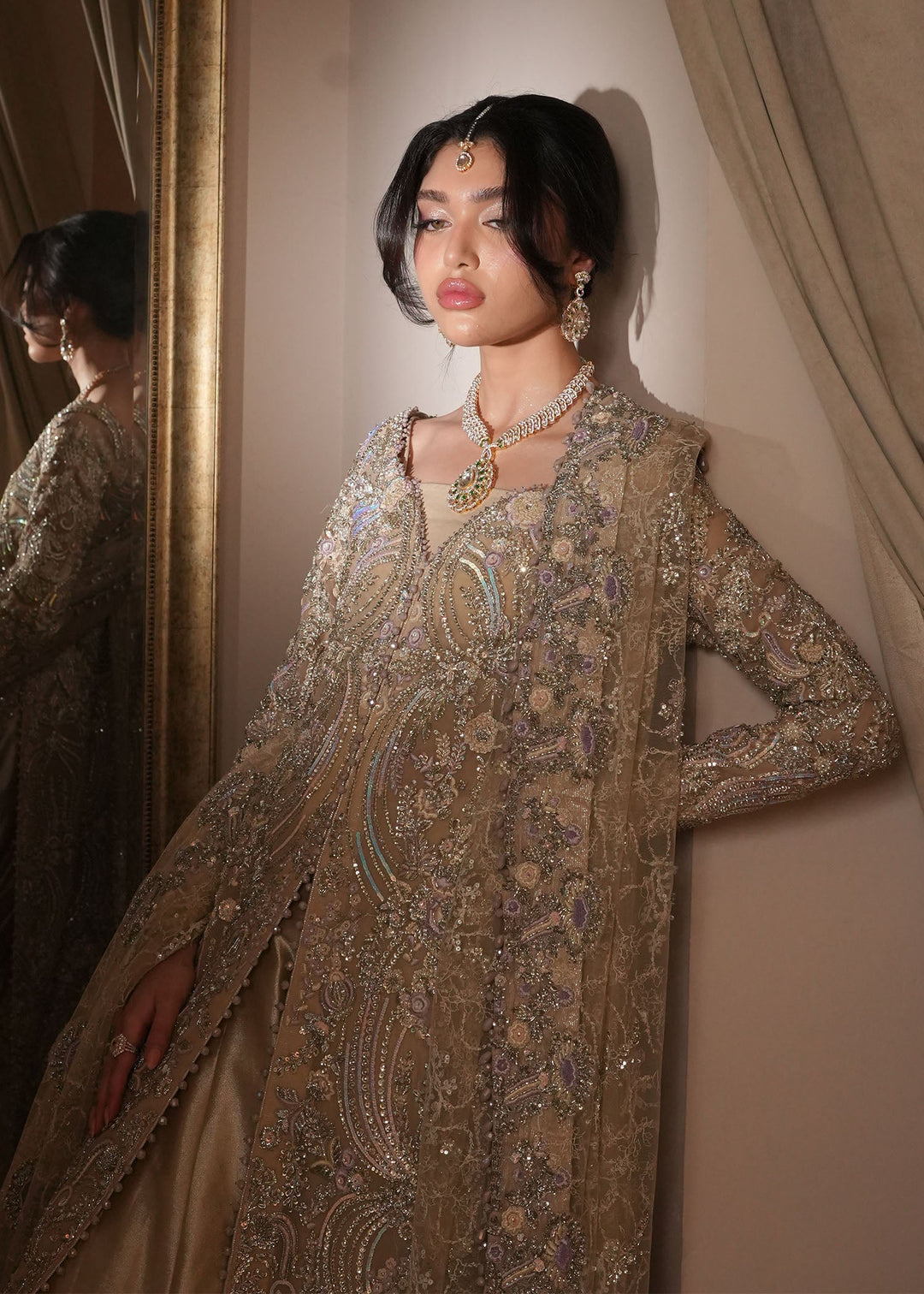 Pakistani Bridal Outfit in Net Gown and Lehenga Style Online