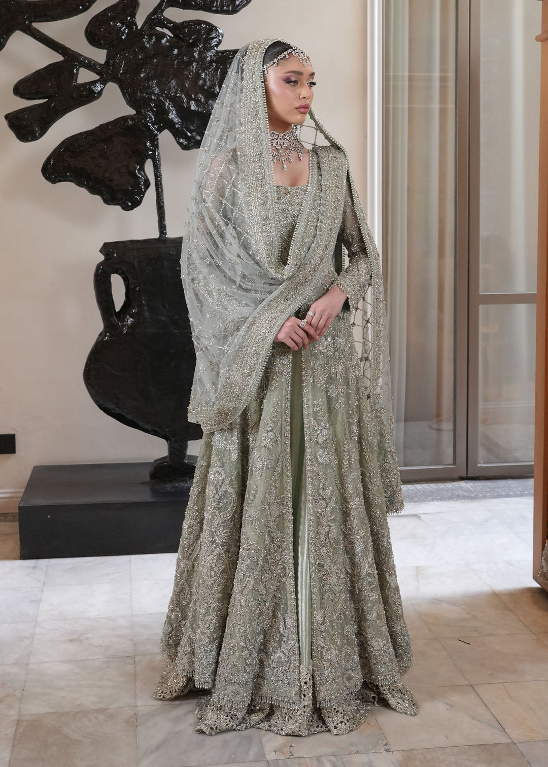 Pakistani Bridal Outfit in Open Gown Lehenga Style