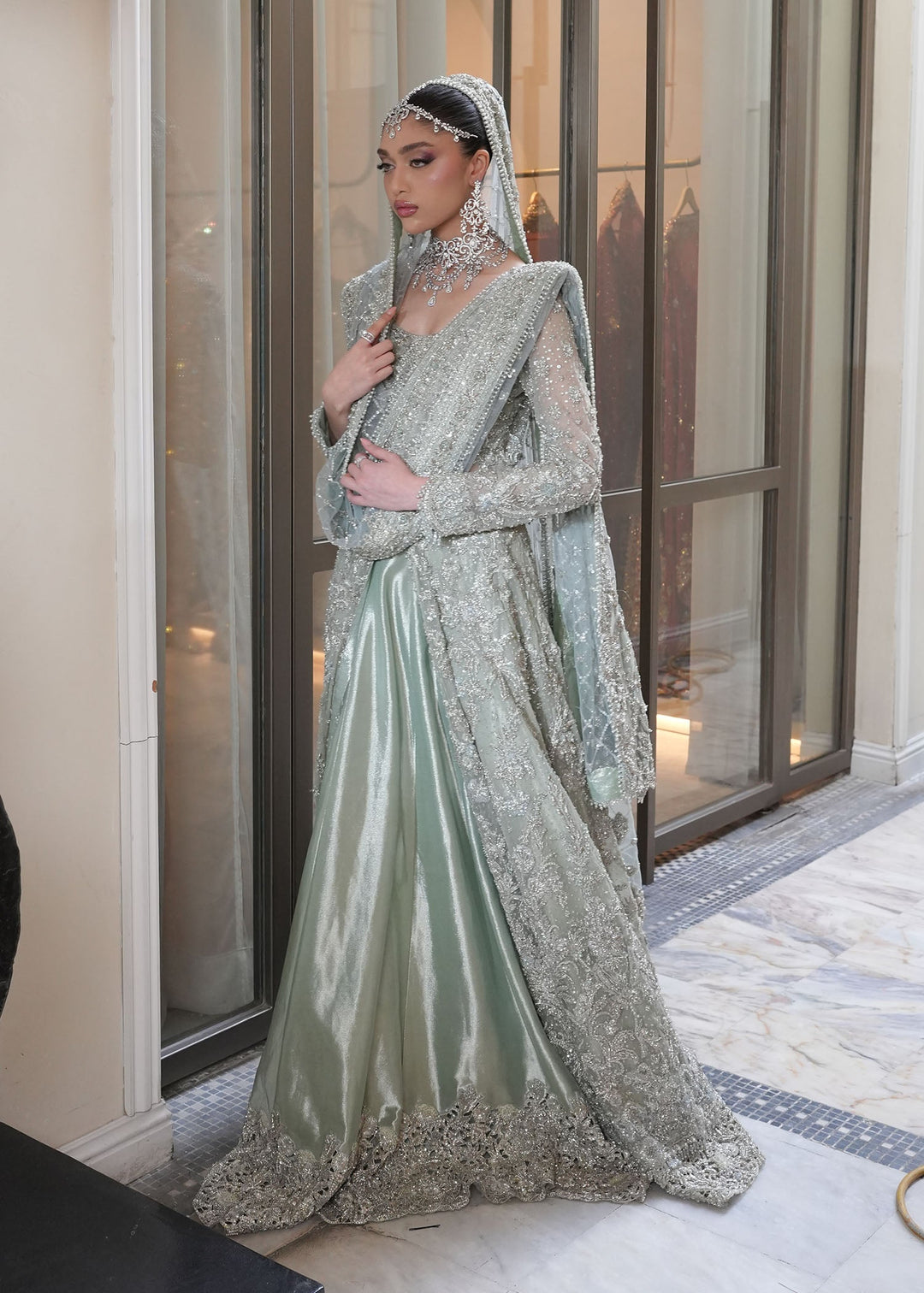 Pakistani Bridal Outfit in Open Gown Lehenga Style Online