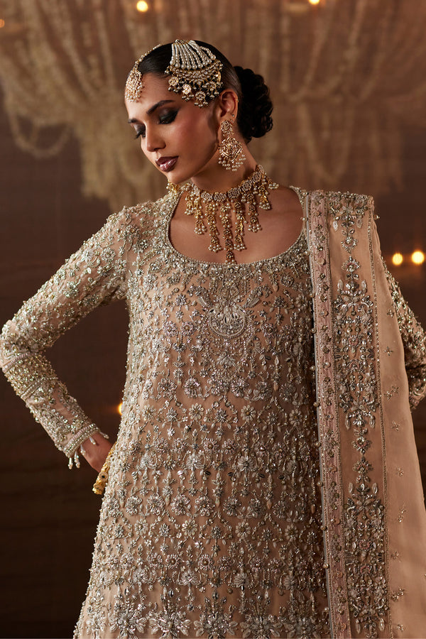 Pakistani Bridal Outfit in Peach Kameez Lehenga Style