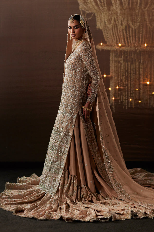 Pakistani Bridal Outfit in Peach Kameez Lehenga Style