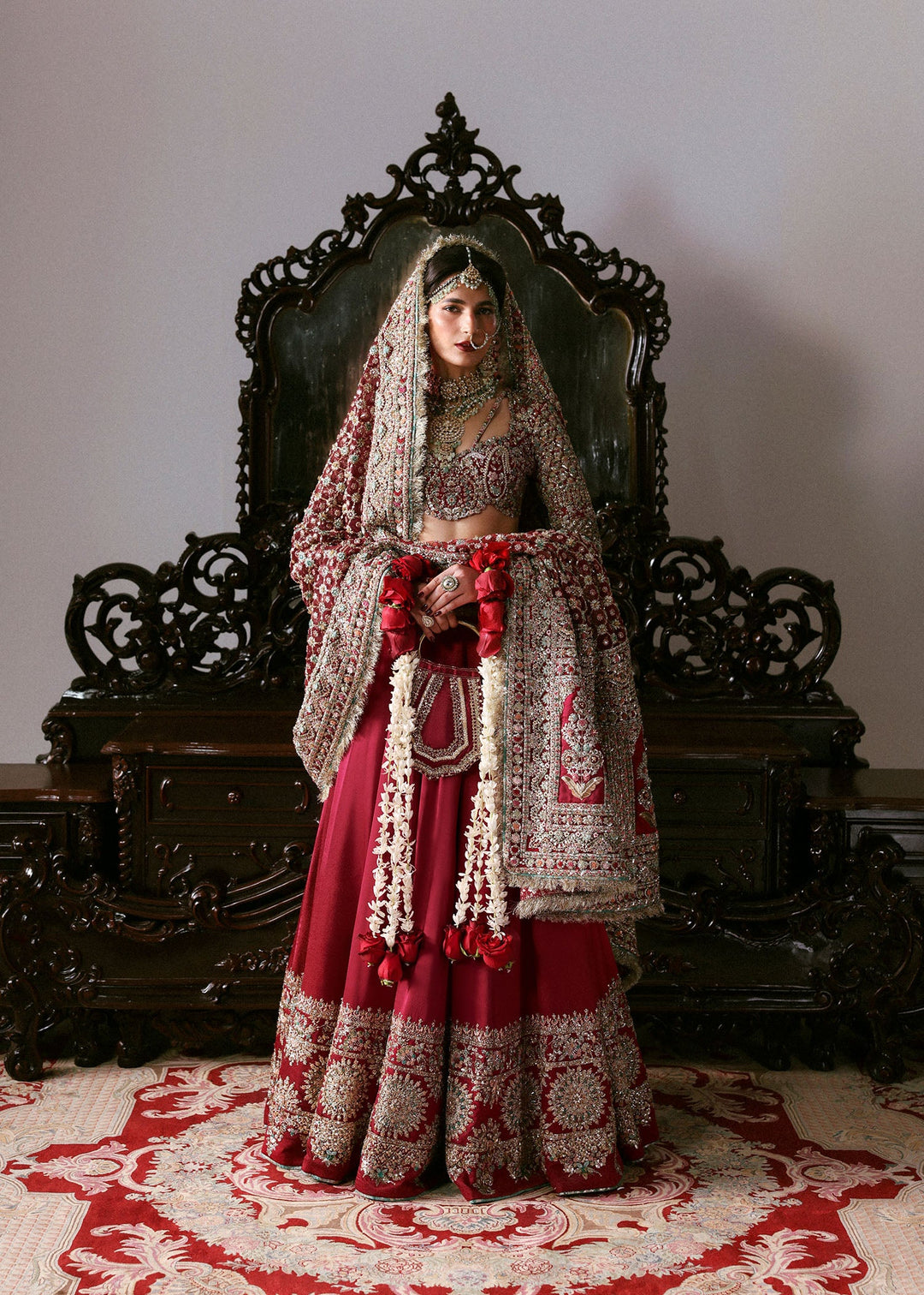 Pakistani Bridal Outfit in Red Choli Lehenga Style