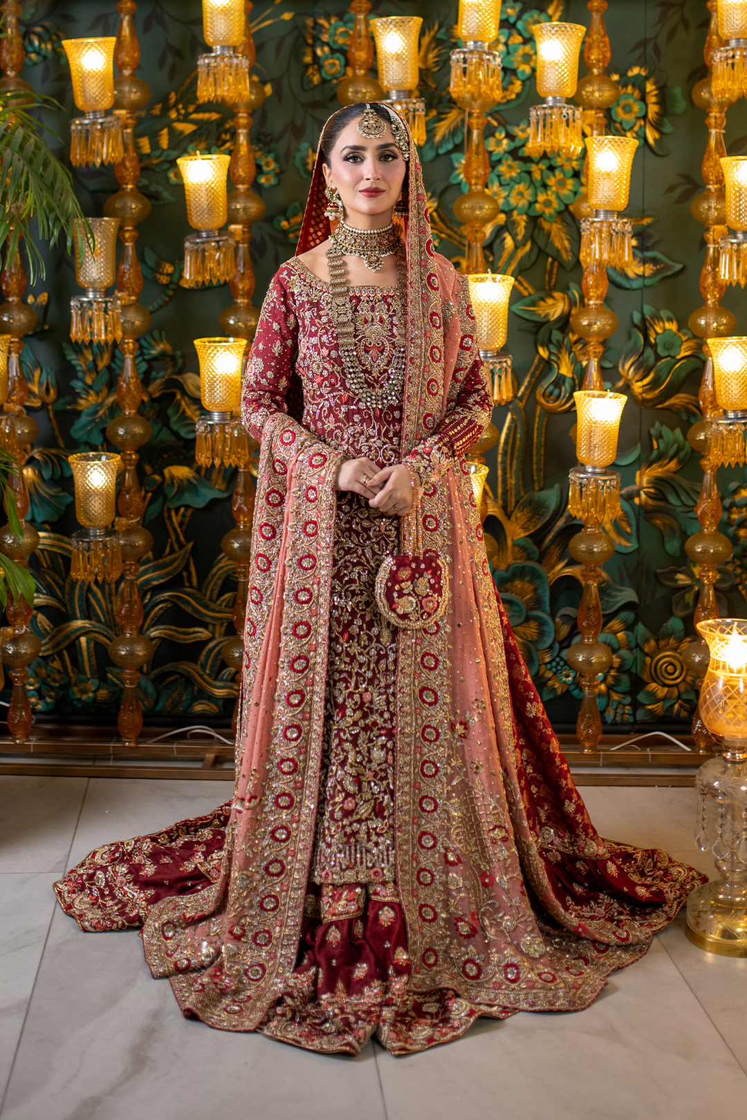 Pakistani Bridal Outfit in Red Kameez Lehenga Style
