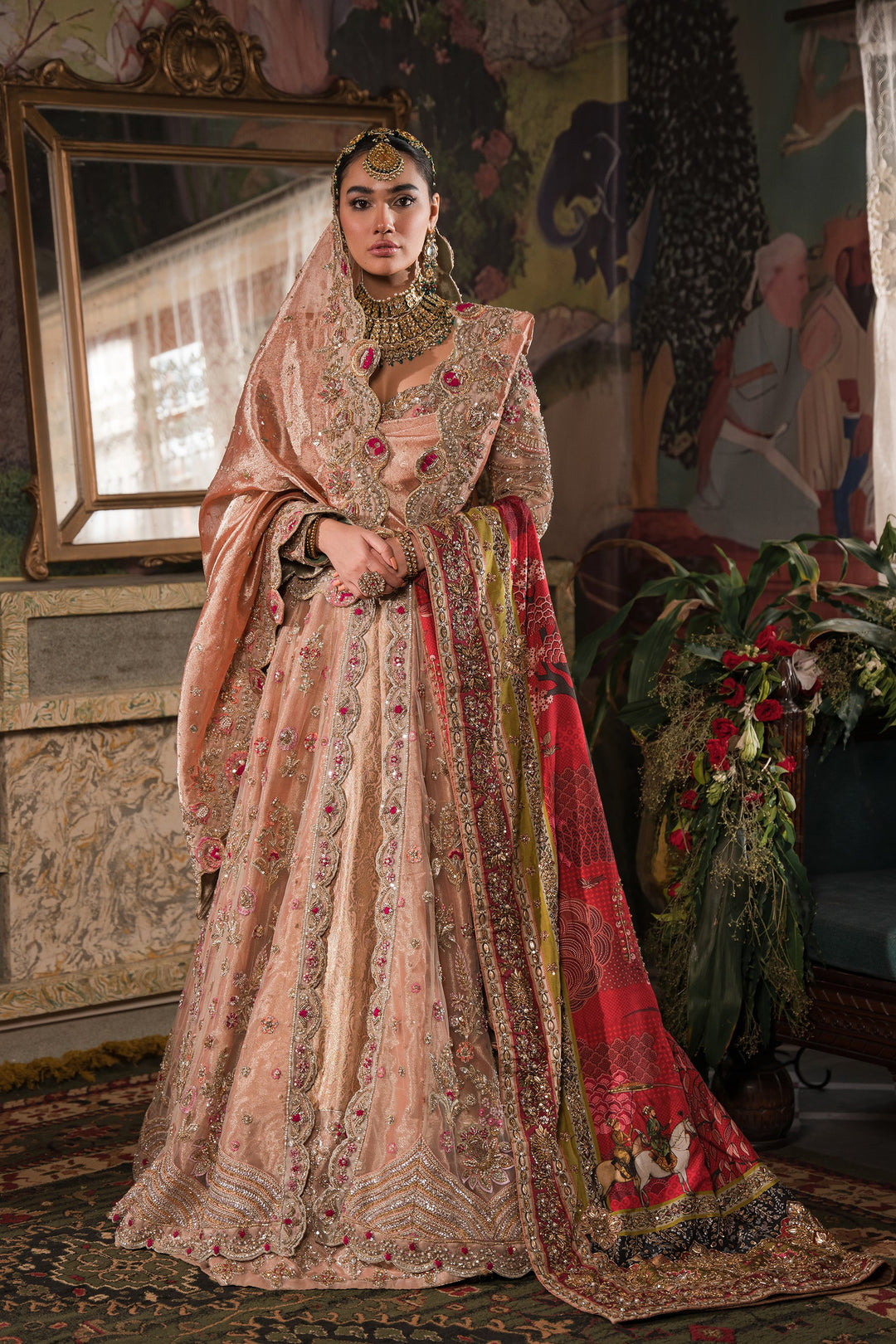 Pakistani Bridal Peach Peshwas and Lehenga Style