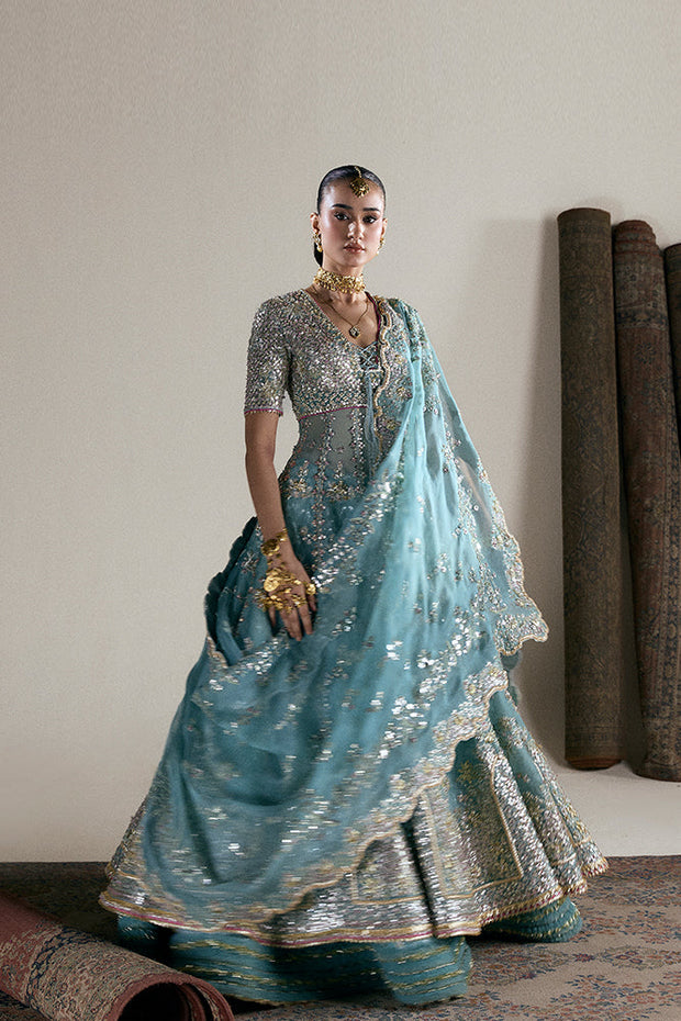 Pakistani Bridal Wear in Blue Pishwas Lehenga Style Online