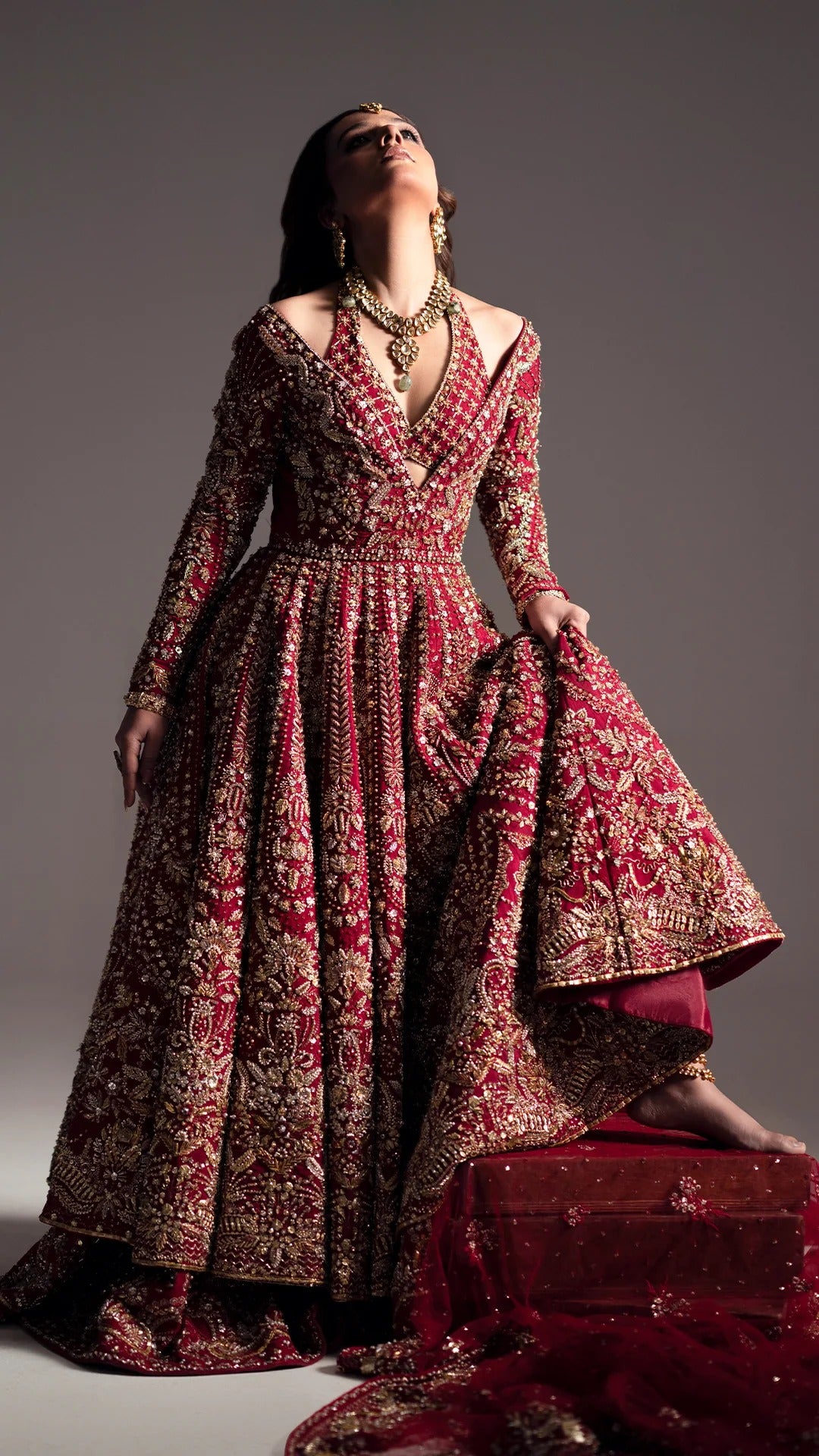 Pakistani Bridal Wedding Dress in Red Pishwas Style