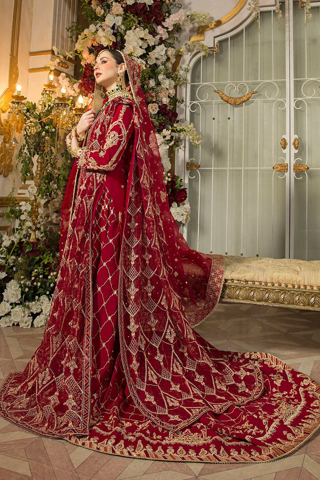 Deep Red Pakistani Bridal Dress & Long Lehenga Ensemble