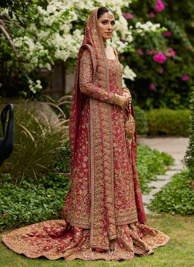 Pakistani Dress Embellished in Red Farshi Lehenga Style for Wear