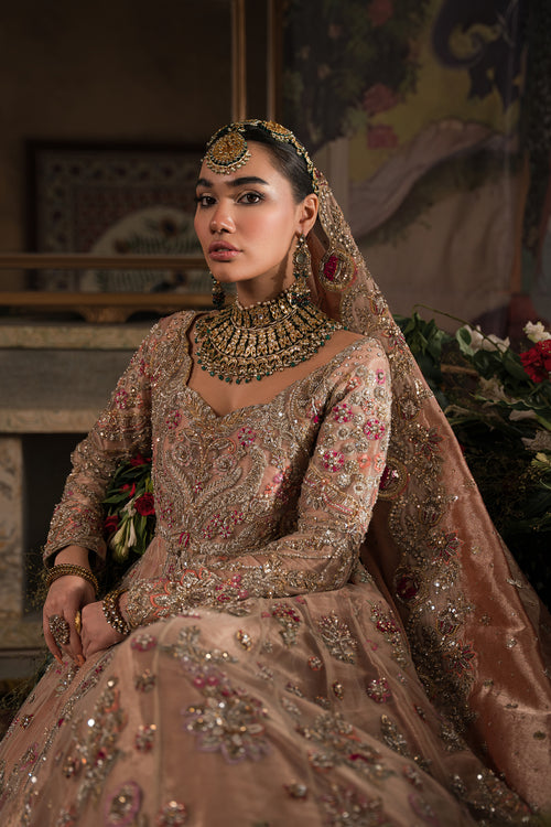 Pakistani Dress Peach Peshwas and Lehenga Style