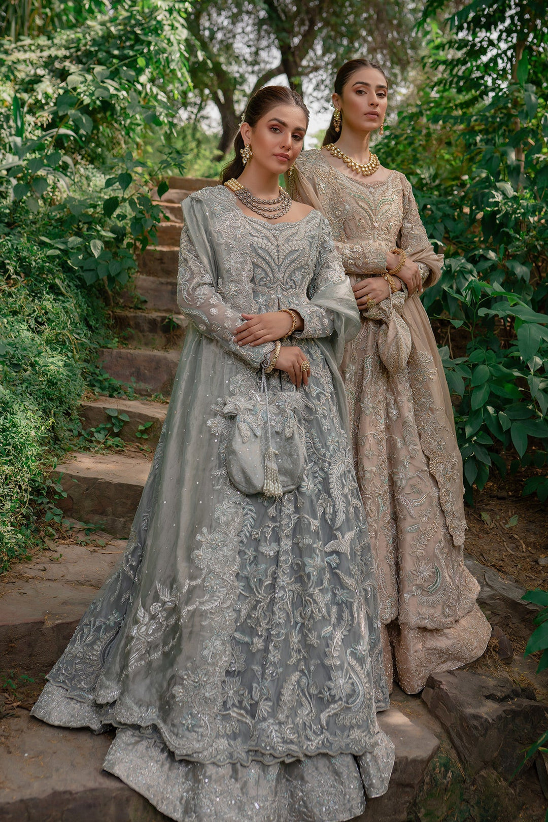 Pakistani Dress in Jamawar with Front Open Frock and Lehenga