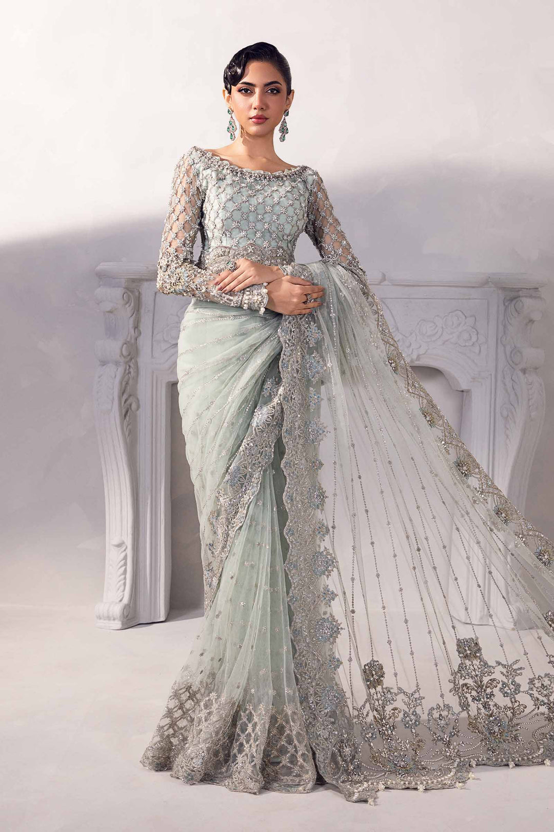 Elegant Blue Pakistani Bridal Dress - Saree Style