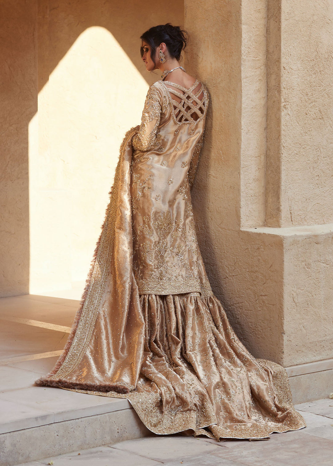 Pakistani Wedding Dress in Gold Lehenga Kameez Style