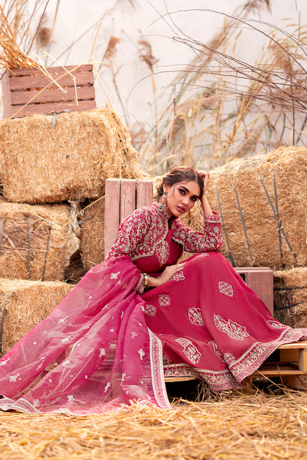 Pakistani Wedding Wear Elegant Jacket Frock in Carrot Red Color