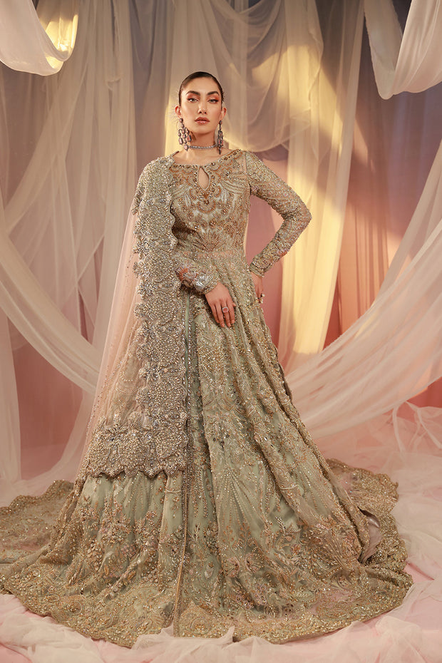 Ice Blue Organza Pakistani Bridal Dress with Lotus Embroidery